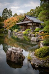 Obraz premium Tranquil Japanese garden with autumnal foliage, serene water reflection of traditional wooden pavilion