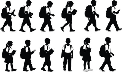Vector silhouettes of children walking with backpacks and books, representing education, school commute, learning, childhood, and student daily activities.
