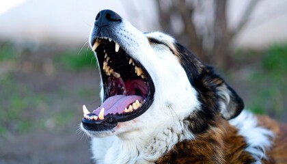 Magnificent close-up of a dog yawning with its wide-open mouth showing its teeth