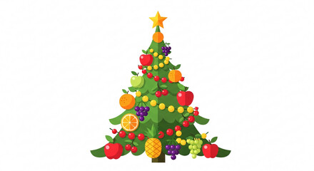 Obraz premium Festive Christmas Tree Decorated with Fresh Fruits and Ornaments on a White Isolated Background