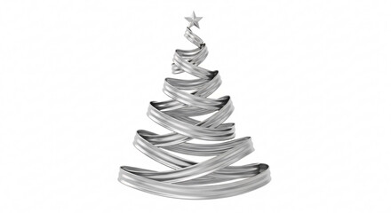Elegant silver ribbon Christmas tree with a star on top isolated on a white background