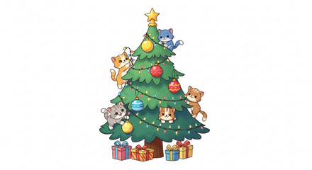 Cute Animals Decorating a Christmas Tree with Gifts Isolated on White Background