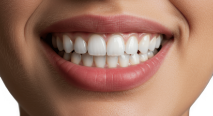 Close-up of Woman's Wide Smile Showing Perfect White Teeth and Healthy Lips Isolated on Transparent PNG Background