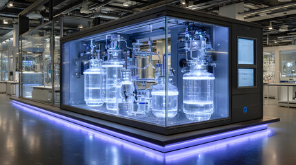 This bioreactor showcases a sterile laboratory setup designed for microbial fementation, featuring clearliquid and precision equipent in a clean, modern envronment