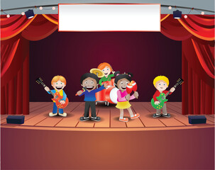 illustration of a multicultural children playing band music activity on stage background set