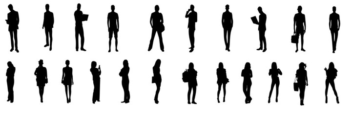 Silhouettes of diverse people standing. Group of silhouettes showing various poses. Silhouettes of men and women in different stances. People