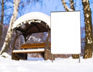Blank Sign in Winter Landscape with SnowCovered Bench and Gazebo.