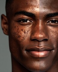 Obraz premium Black man before and after acne treatment, smooth and glowing skin