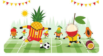 Obraz premium Fruit Soccer Match: Pineapple Athlete Kicks the Soccer Ball on a Lush Green Field