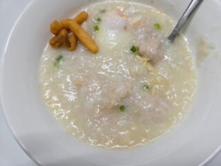 Congee with Pork Meatballs. Top View.