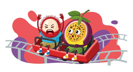 Naklejka premium Fruity Friends Scream on a Rollercoaster Adventure in a Vibrant Cartoon Scene