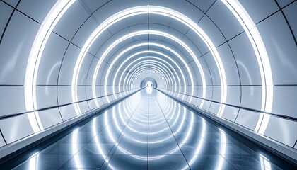 Fototapeta premium Illuminated Futuristic Tunnel with Glowing Circular Arches and Reflective Floor Creating an Endless Perspective of Modern High-Tech Design