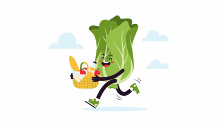 Obraz premium Happy Cabbage Character Embarking on a Cheerful Picnic Adventure in a Sunny Setting