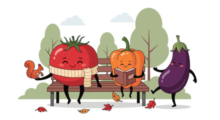 Fototapeta premium Funny Animated Vegetables Enjoying Autumn Time With Squirrels, Leaves, and Books Together