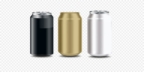 Vector realistic 3d empty glossy metal white, black and silver beer pack or can set visual 330ml. Can be used for lager, alcohol, soft drink, soda, fizzy pop, lemonade, cola, energy drink