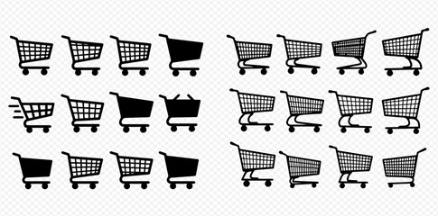 Collection of shopping cart icons in various styles and forms, arranged in rows.