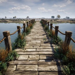 Obraz premium A weathered wooden bridge with stone paving stretches across a tranquil lake, flanked by lush greenery and a serene landscape.