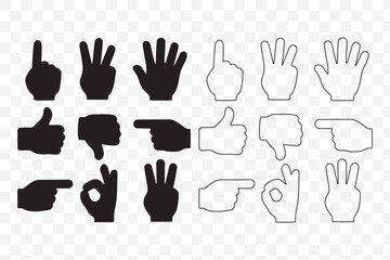 Obraz premium Gestures set icon. Raised fingers, open hands, thumbs, waves, index points, palm displays, and communication hand signs in minimal outline showing various expressive motions