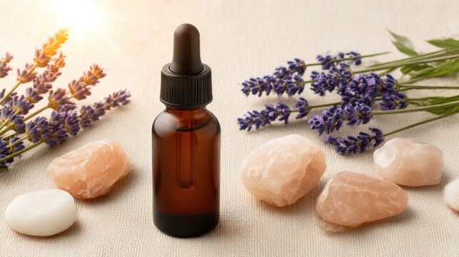 A calming essence bottle surrounded by lavender and soothing stones.