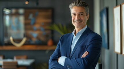 Fototapeta premium Happy mid aged business man ceo standing in office arms crossed. Smiling mature confident professional executive manager, proud lawyer, confident businessman leader wearing blue suit, portrait.