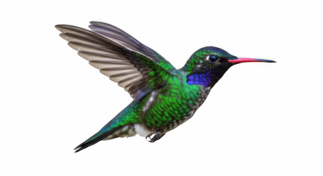 Iridescent Green Hummingbird (Colibri) in Flight with Bright Red Beak Isolated on Transparent PNG Background