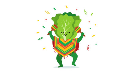 Obraz premium Happy Lettuce Character Celebrating Mexican Fiesta with Colorful Poncho and Maracas