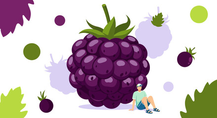 Giant Blackbery And Person Leisurely Resting Depicting Fruits Concept Art Design