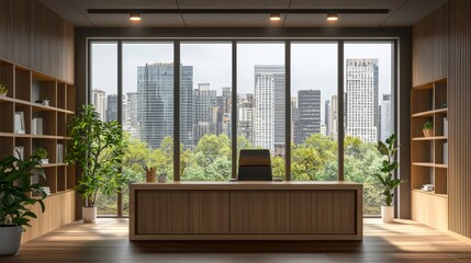 Modern wooden coworking office interior with window and city view, equipment and furniture. Workplace concept. 3D Rendering