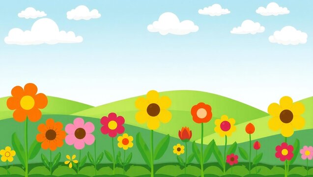 Vibrant cartoon meadow with colorful flowers and rolling green hills under a blue sky with clouds