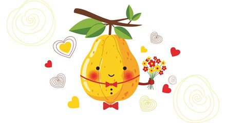 Happy Pear Cartoon Character Holding Flowers And Decorated With Hearts