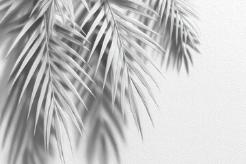 Obraz premium White-toned image of palm fronds cascading from the top-left corner, creating soft shadows on textured white background