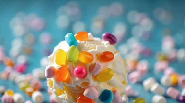 Vanilla ice cream cone with marshmallows and jelly beans on a blue background, sweet and colorful treat