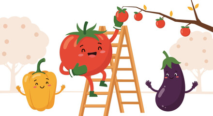 Fototapeta premium Happy Tomato Harvesting, Smiling Eggplant, and Cheerful Yellow Bell Pepper Together