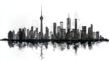 Monochrome city skyline, with water reflection