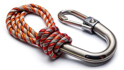 Fototapeta premium Metal aluminum snap hook isolated on white background with rope and climbing equipment