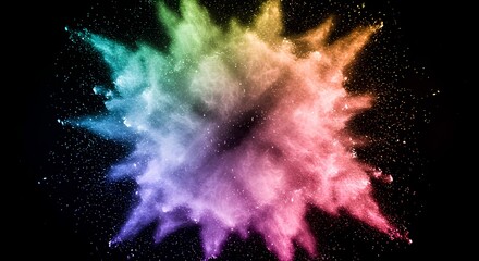 An explosion of vibrant, multi-colored powder creating a dynamic cloud against a solid black background.