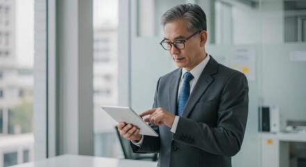 Fototapeta premium A mature Asian businessman in a formal suit and glasses stands in a modern office, focused on using a digital tablet.