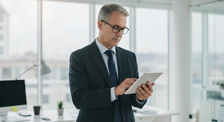 Professional senior executive working on a digital tablet in a bright, contemporary corporate office.