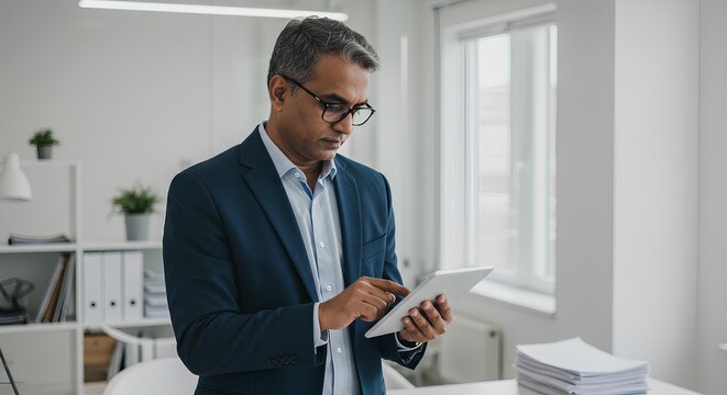 Focused middle-aged businessman in a suit using a digital tablet while standing in a modern, bright office.