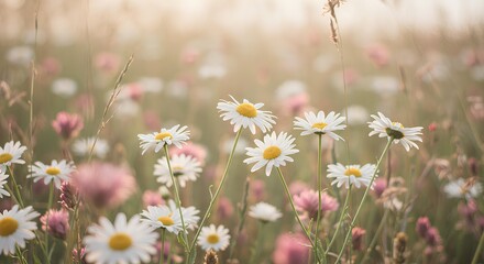 A dreamy, soft-focus field of white daisies and pink clover wildflowers basking in warm, golden sunlight.