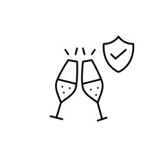 Toasting with champagne flutes, shield and checkmark. Certified events and catering. Pixel perfect, editable stroke vector icon