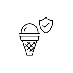 Food safety, eco-friendly eating. Ice cream in a cone, shield and checkmark. Pixel perfect, editable stroke vector icon