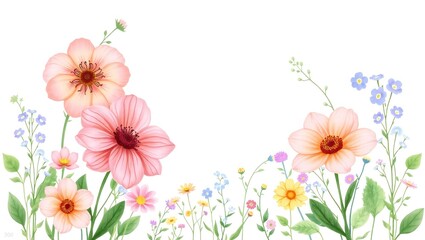 Fototapeta premium Soft watercolor floral border with delicate pink and peach blossoms