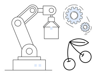 Robotic arm reaching for cherries alongside spinning gears, highlighting technology, farming, efficiency, and machine learning. Ideal for agriculture, automation, manufacturing, robotics innovation