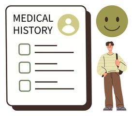 Medical history checklist with checkboxes, person icon, and smiling character. Ideal for healthcare, wellness, personal care, patient forms, record management, reminders simple flat metaphor