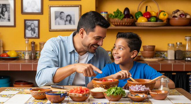 Father and son cooking together in colorful kitchen