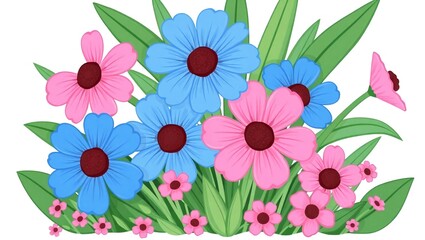 Vibrant bouquet of pink and blue daisy flowers with green leaves