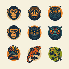 Animal Icon Set – Cartoon Style Monkey, Owl, and Lizard Round Avatar Illustrations