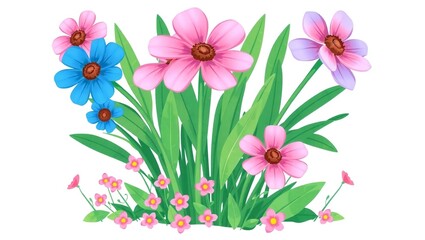 Obraz premium Watercolor painting of a vibrant bouquet of pink and blue flowers with green leaves