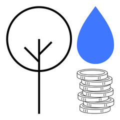 Thin-lined tree, blue water drop, and coin stack highlight eco-consciousness, resource conservation, and financial growth. Ideal for green economy, environment, sustainability, finance water